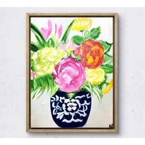 WS original blue vase painting 14X11 canvas acrylic abstract modern wall art